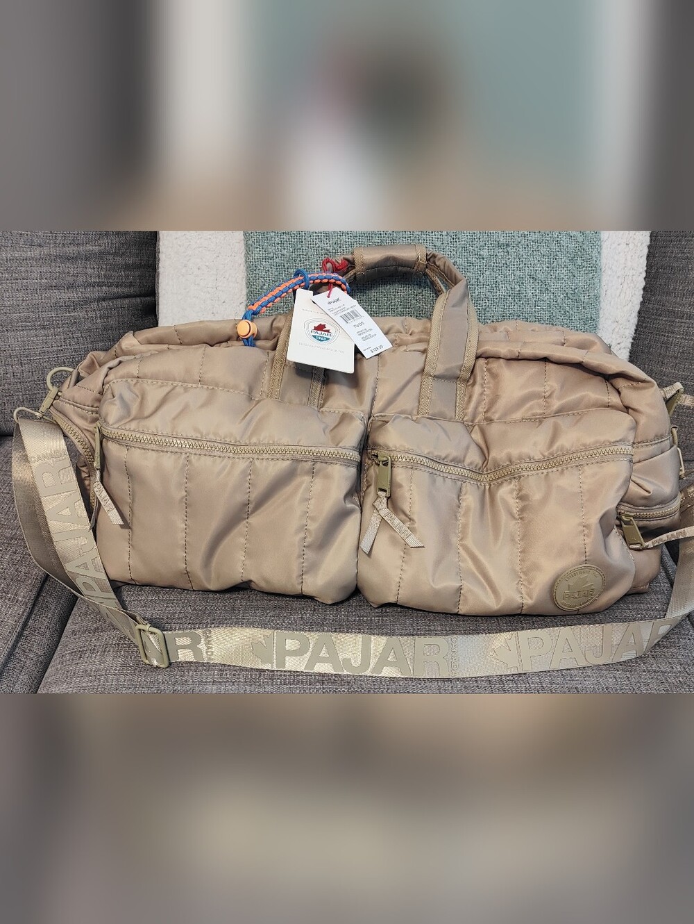 Pajar Beige Large Quilted Duffle Bag W/ Adjustable Shoulder Strap.  NWT